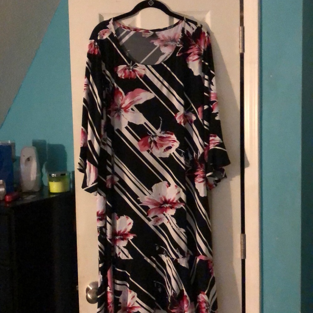 Black and white with pink floral float dress.